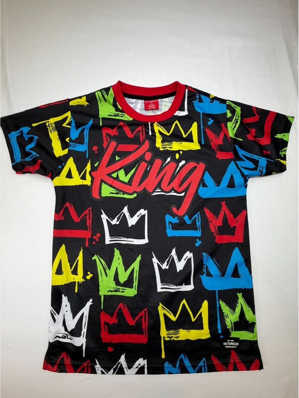 Victorious Boy's T Shirt Short Sleeve King Crown Crew Neck L 14-16  Multicolor